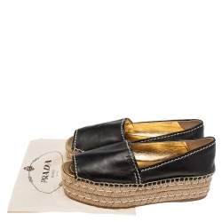 Pre Owned Prada Black Leather Peep Toe Platform Espadrille Flats Size 36.5