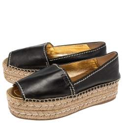 Pre Owned Prada Black Leather Peep Toe Platform Espadrille Flats Size 36.5