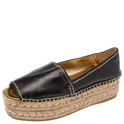 Pre Owned Prada Black Leather Peep Toe Platform Espadrille Flats Size 36.5