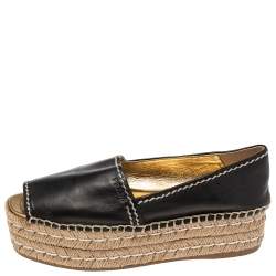 Pre Owned Prada Black Leather Peep Toe Platform Espadrille Flats Size 36.5