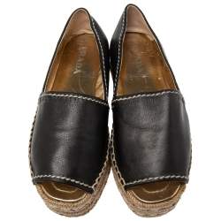 Pre Owned Prada Black Leather Peep Toe Platform Espadrille Flats Size 36.5