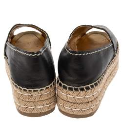 Pre Owned Prada Black Leather Peep Toe Platform Espadrille Flats Size 36.5