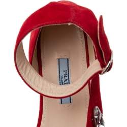 Pre Owned Prada Red Suede Crystal Embellished Ankle Strap Flat Sandals Size 37