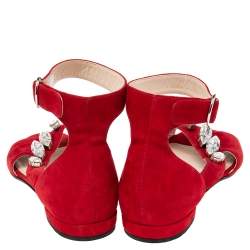 Pre Owned Prada Red Suede Crystal Embellished Ankle Strap Flat Sandals Size 37