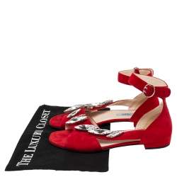 Pre Owned Prada Red Suede Crystal Embellished Ankle Strap Flat Sandals Size 37