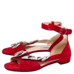 Pre Owned Prada Red Suede Crystal Embellished Ankle Strap Flat Sandals Size 37