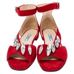 Pre Owned Prada Red Suede Crystal Embellished Ankle Strap Flat Sandals Size 37
