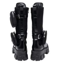Pre Owned Prada Black Leather and Nylon Monolith Ankle Boots Size 38