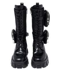 Pre Owned Prada Black Leather and Nylon Monolith Ankle Boots Size 38