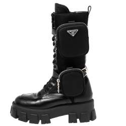 Pre Owned Prada Black Leather and Nylon Monolith Ankle Boots Size 38