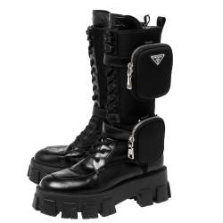 Pre Owned Prada Black Leather and Nylon Monolith Ankle Boots Size 38