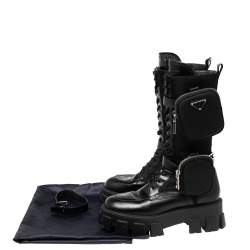 Pre Owned Prada Black Leather and Nylon Monolith Ankle Boots Size 38