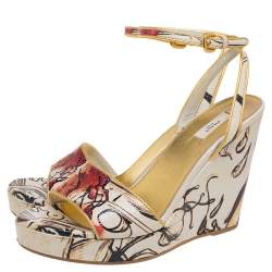 Pre Owned Prada Multicolor Fairy Print Leather Ankle-Strap Platform Wedge Sandals Size 37.5