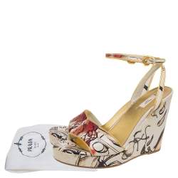Pre Owned Prada Multicolor Fairy Print Leather Ankle-Strap Platform Wedge Sandals Size 37.5