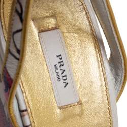 Pre Owned Prada Multicolor Fairy Print Leather Ankle-Strap Platform Wedge Sandals Size 37.5