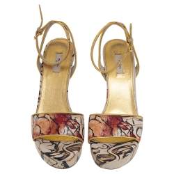 Pre Owned Prada Multicolor Fairy Print Leather Ankle-Strap Platform Wedge Sandals Size 37.5