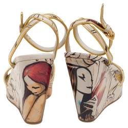 Pre Owned Prada Multicolor Fairy Print Leather Ankle-Strap Platform Wedge Sandals Size 37.5