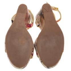 Pre Owned Prada Multicolor Fairy Print Leather Ankle-Strap Platform Wedge Sandals Size 37.5