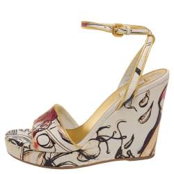 Pre Owned Prada Multicolor Fairy Print Leather Ankle-Strap Platform Wedge Sandals Size 37.5