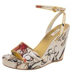 Pre Owned Prada Multicolor Fairy Print Leather Ankle-Strap Platform Wedge Sandals Size 37.5
