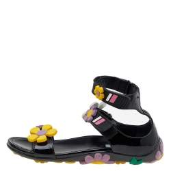 Pre Owned Prada Black Patent Leather Flower Applique Flat Sandals Size 39.5