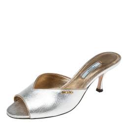 Pre Owned Prada  Silver Saffiano Leather Vernice Slide Sandals Size 37.5