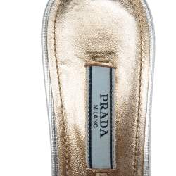 Pre Owned Prada  Silver Saffiano Leather Vernice Slide Sandals Size 37.5