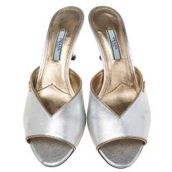 Pre Owned Prada  Silver Saffiano Leather Vernice Slide Sandals Size 37.5