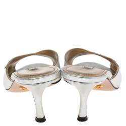 Pre Owned Prada  Silver Saffiano Leather Vernice Slide Sandals Size 37.5