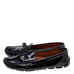 Pre Owned Prada Black Patent Leather Bow Logo Slip On Loafers Size 39