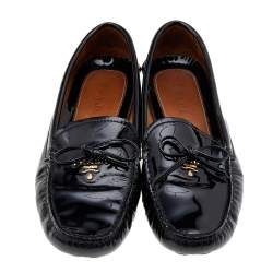 Pre Owned Prada Black Patent Leather Bow Logo Slip On Loafers Size 39