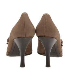 Pre Owned Prada Khaki Brown Stitch Leather Knot Pointed Toe Pumps Size 37.5