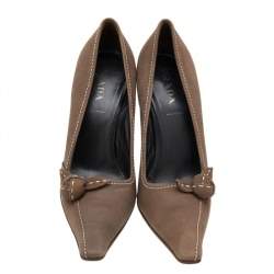 Pre Owned Prada Khaki Brown Stitch Leather Knot Pointed Toe Pumps Size 37.5