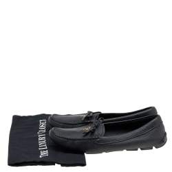 Pre Owned Prada Black Leather Bow Logo Embellished Slip On Loafers Size 39