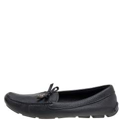 Pre Owned Prada Black Leather Bow Logo Embellished Slip On Loafers Size 39