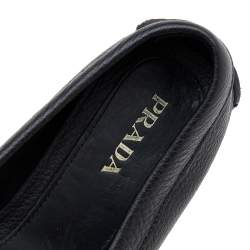 Pre Owned Prada Black Leather Bow Logo Embellished Slip On Loafers Size 39
