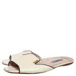 Pre Owned Prada Cream Saffiano Vernice Leather Flat Slides Size 39