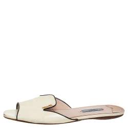Pre Owned Prada Cream Saffiano Vernice Leather Flat Slides Size 39