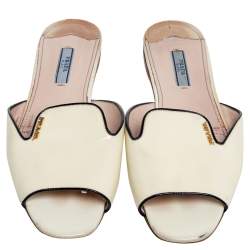 Pre Owned Prada Cream Saffiano Vernice Leather Flat Slides Size 39