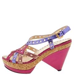 Prada Multicolor Leather Cork Heel Platform Slingback Sandals Size 41