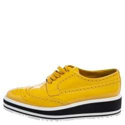 Prada Yellow Brogue Patent Leather Platform Derby Size 38