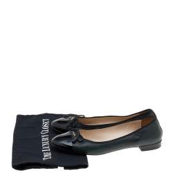 Pre Owned Prada Black Leather and Patent Cap-Toe Bow Ballet Flats Size 37.5