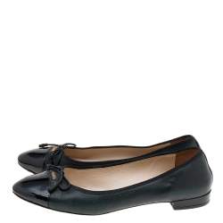 Pre Owned Prada Black Leather and Patent Cap-Toe Bow Ballet Flats Size 37.5