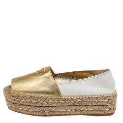 Pre Owned Prada Metallic Gold/White Leather Logo Embellished Platform Espadrille Flats Size 35