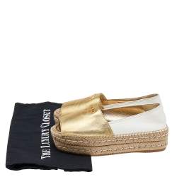 Pre Owned Prada Metallic Gold/White Leather Logo Embellished Platform Espadrille Flats Size 35