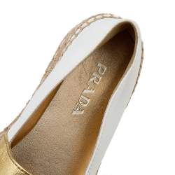 Pre Owned Prada Metallic Gold/White Leather Logo Embellished Platform Espadrille Flats Size 35