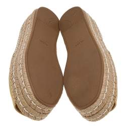 Pre Owned Prada Metallic Gold/White Leather Logo Embellished Platform Espadrille Flats Size 35