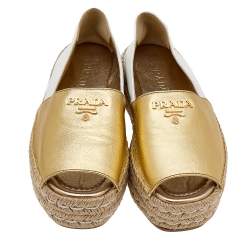 Pre Owned Prada Metallic Gold/White Leather Logo Embellished Platform Espadrille Flats Size 35