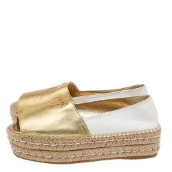 Pre Owned Prada Metallic Gold/White Leather Logo Embellished Platform Espadrille Flats Size 35
