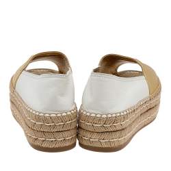 Pre Owned Prada Metallic Gold/White Leather Logo Embellished Platform Espadrille Flats Size 35